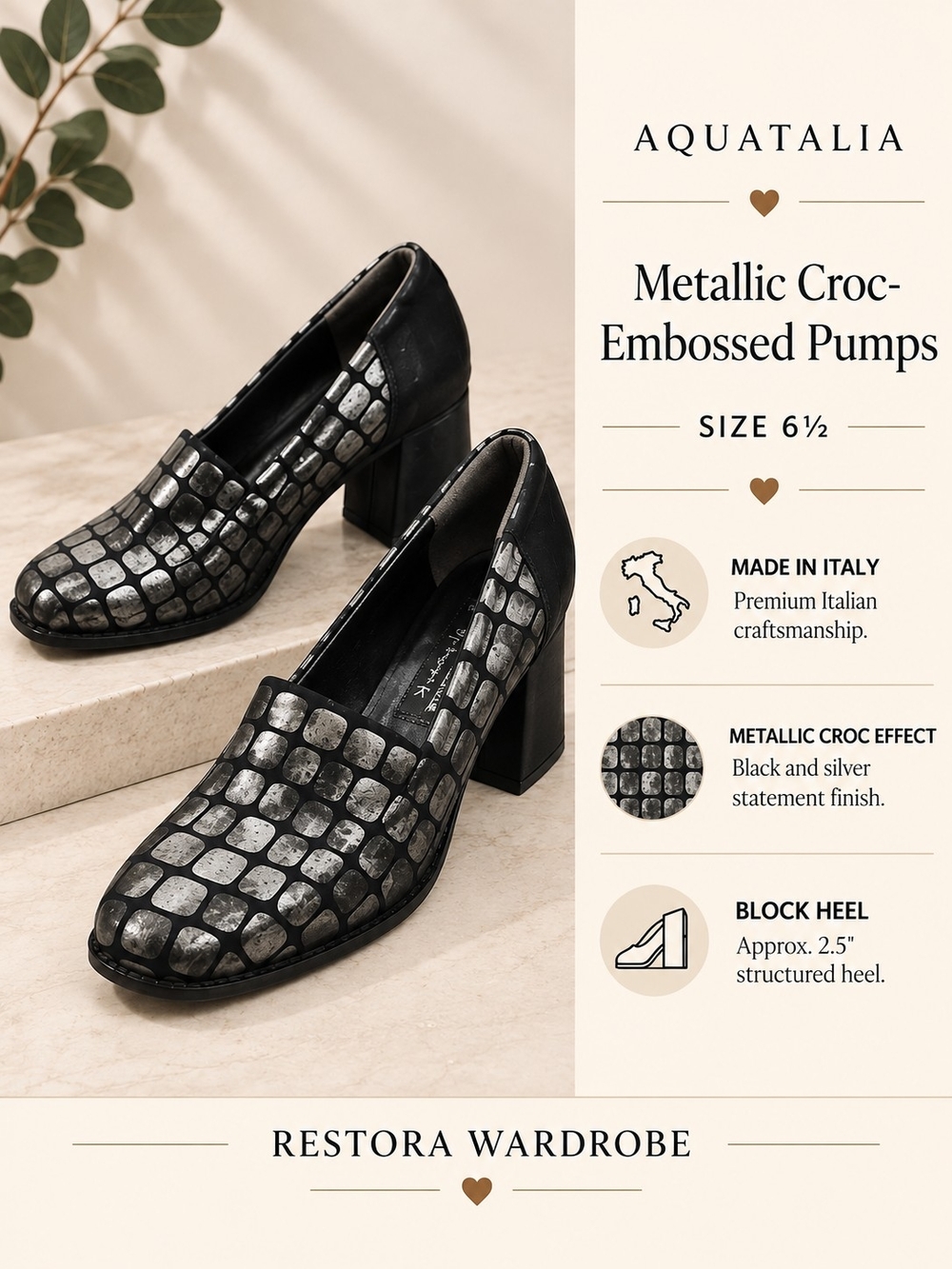 Aquatalia Pumps Black Silver Metallic Croc Embossed Size 6.5 Made in Italy